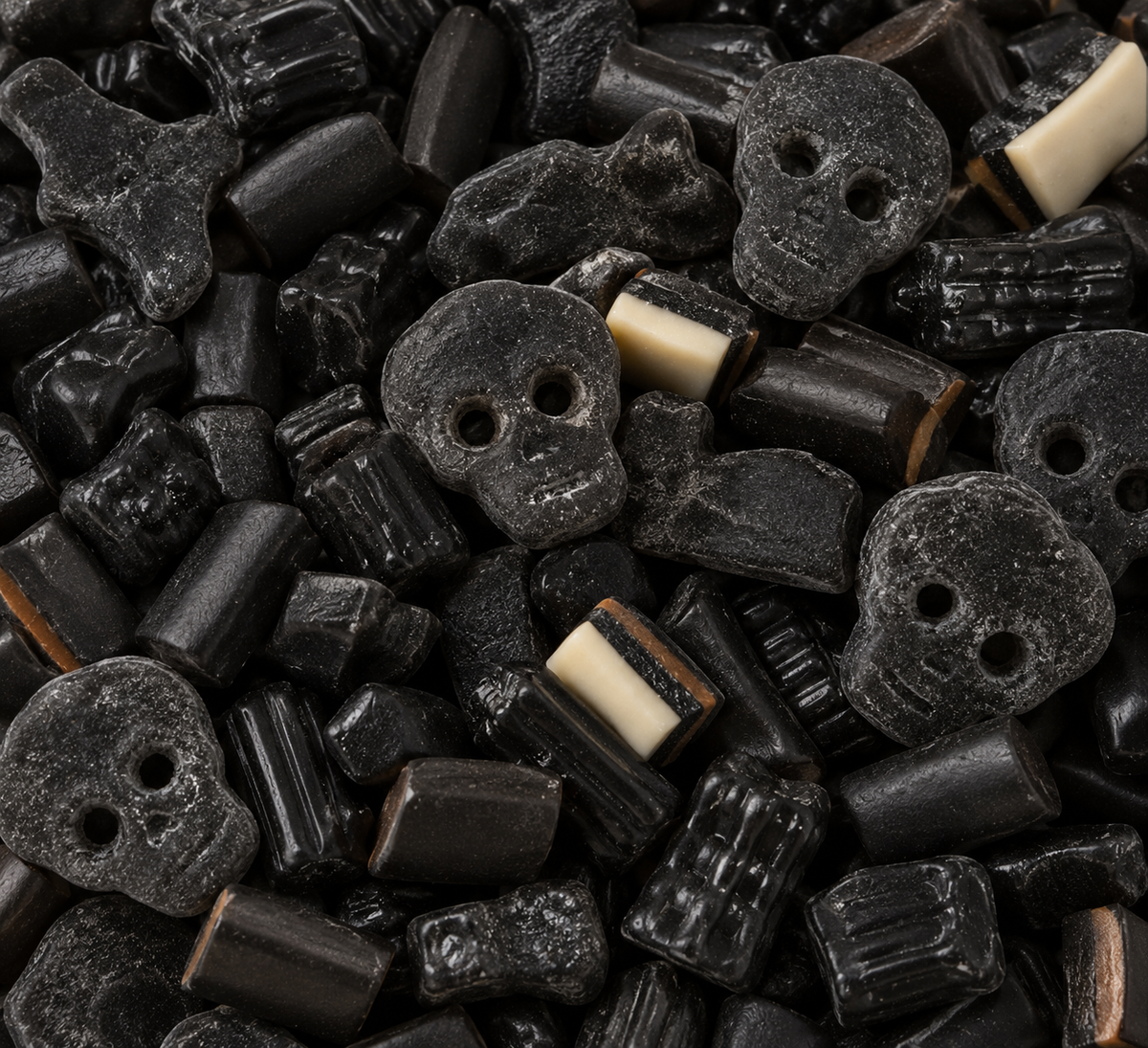 Lakritz Mix mit verschiedenen schwarzen Lakritz-Süßigkeiten, Totenköpfen und gefüllten Lakritzstücken – 500 g von Jazz Candy